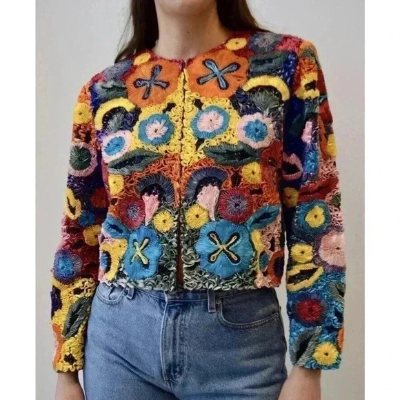 Vintage Silk Ribbon Boxy Bolero Jacket 90s Bead Embellished Flower Pearl Rainbow - Picture 5 of 14